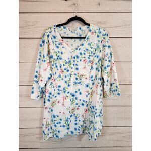 Woman Within Womens White Blue Floral Cotton 3/4 Sleeve V-Neck Blouse Size 18/20